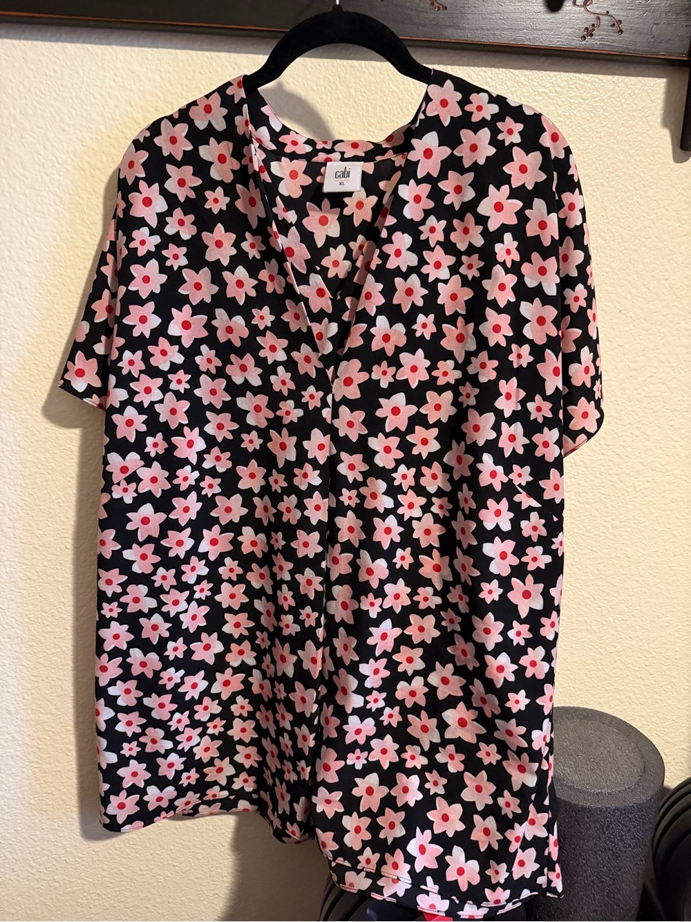 CAbi Black Pink Floral V-Neck Top